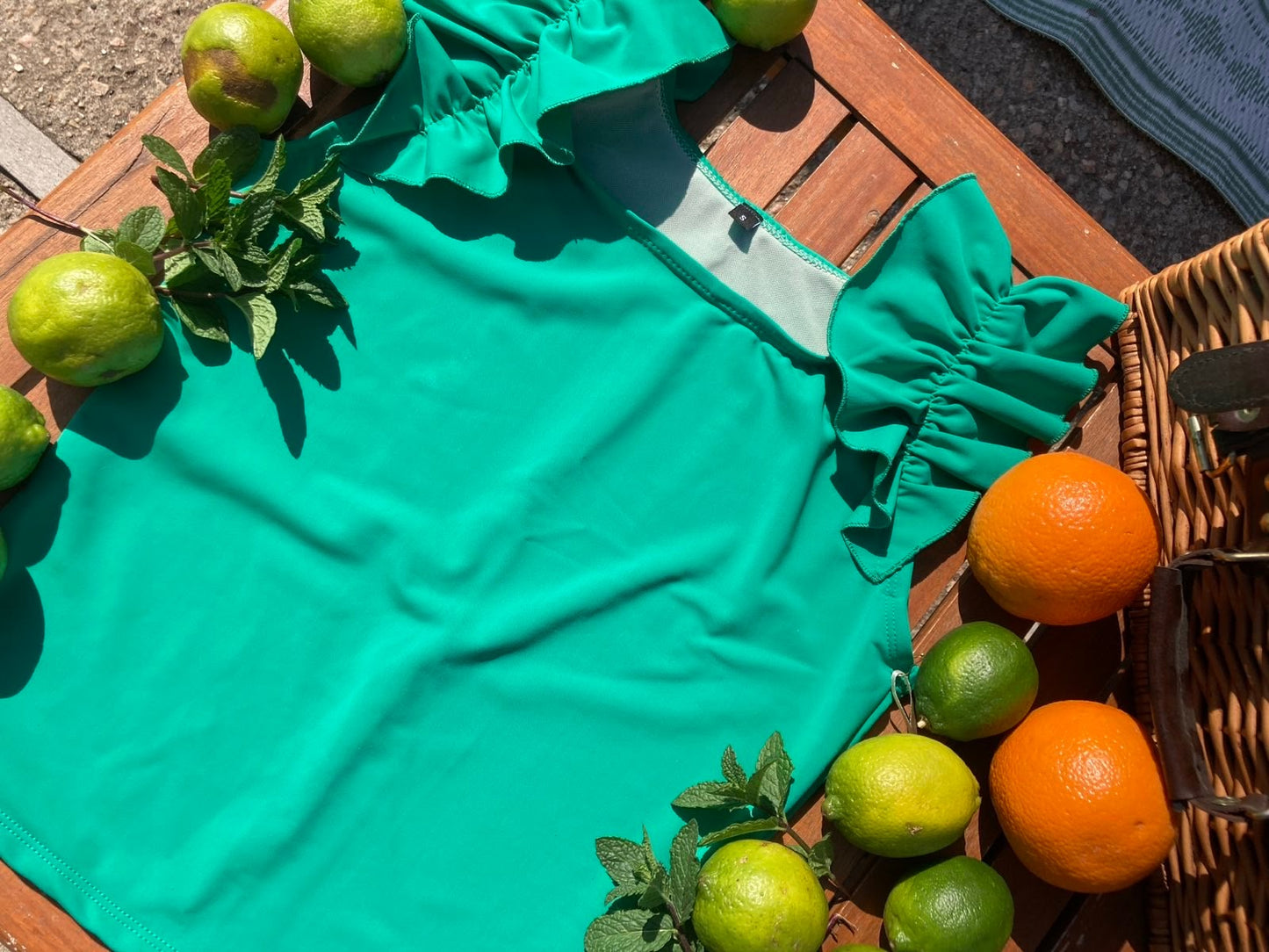 Ruffle Swim Top in Cool Green