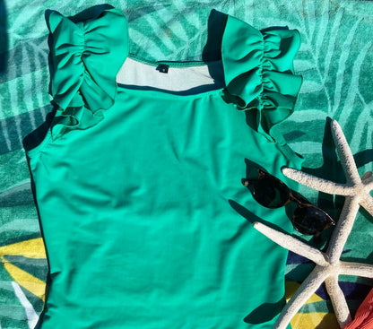 Ruffle Swim Top in Cool Green