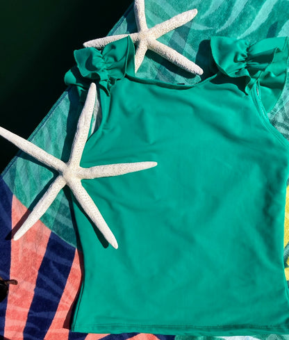 Ruffle Swim Top in Cool Green