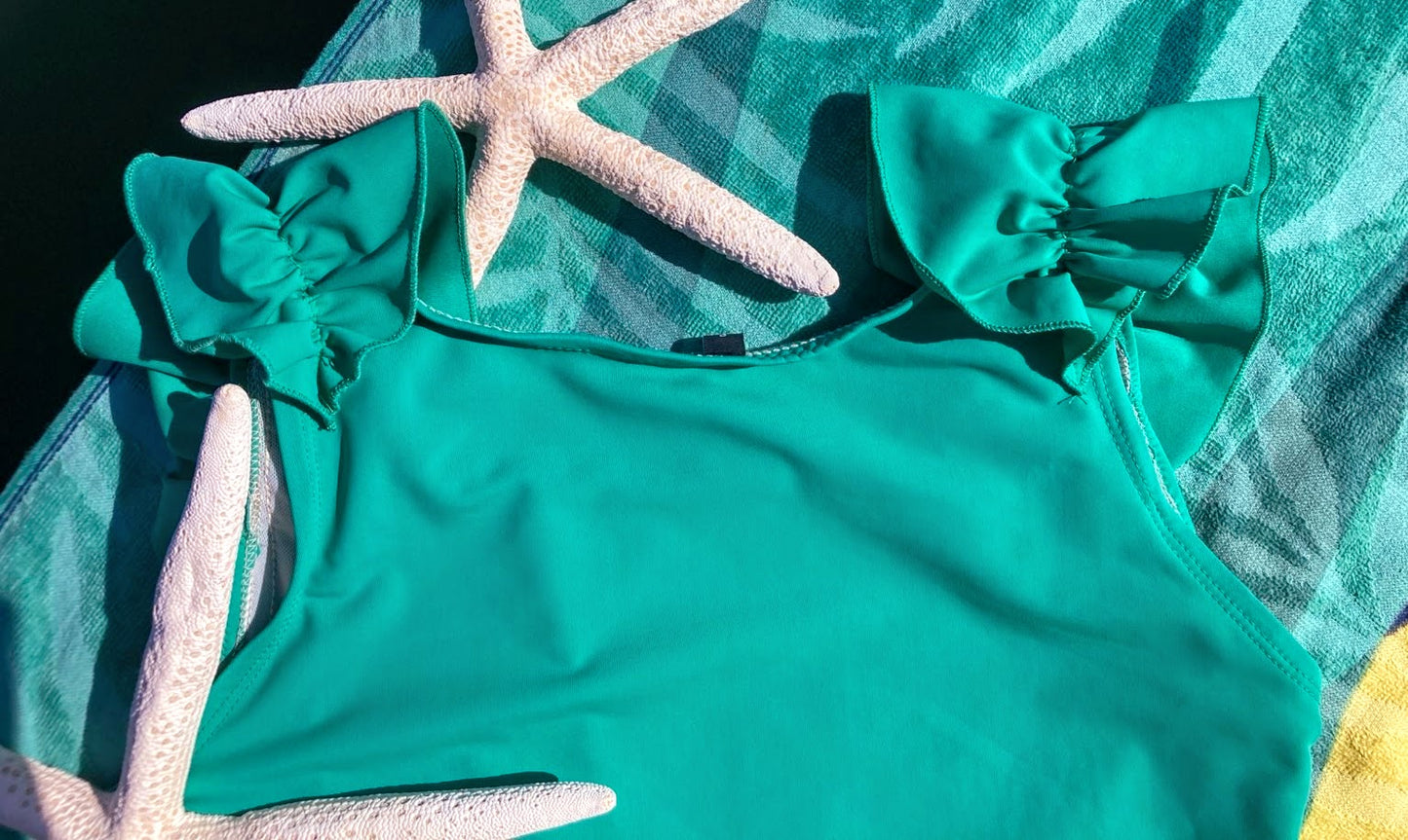 Ruffle Swim Top in Cool Green