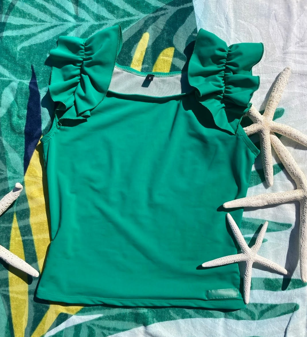 Ruffle Swim Top in Cool Green