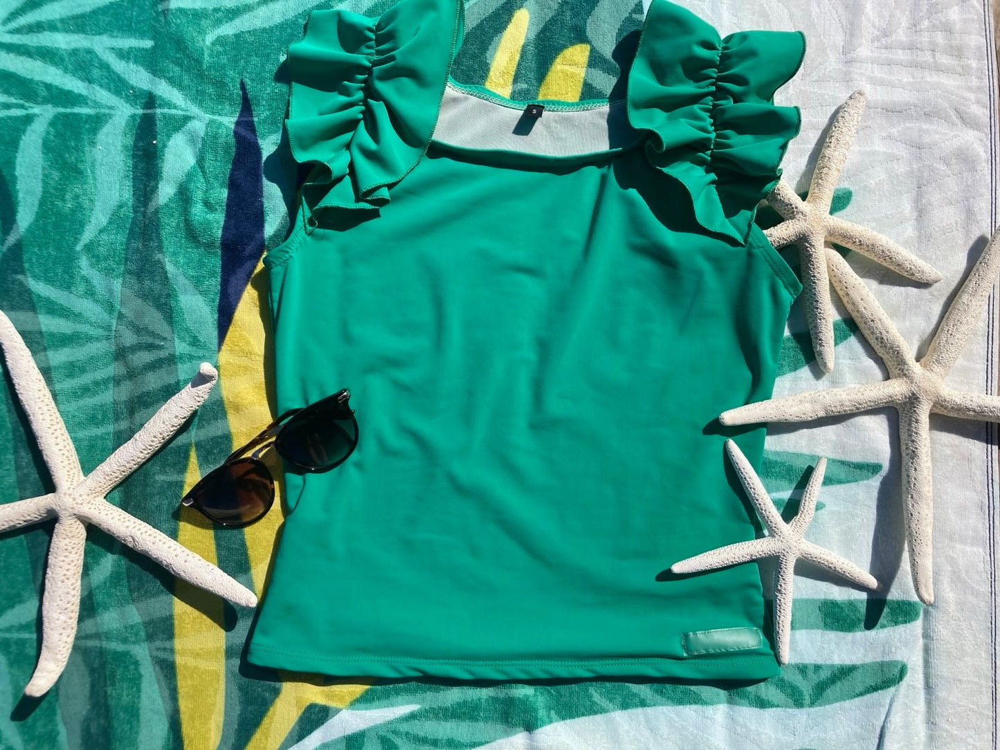 Ruffle Swim Top in Cool Green