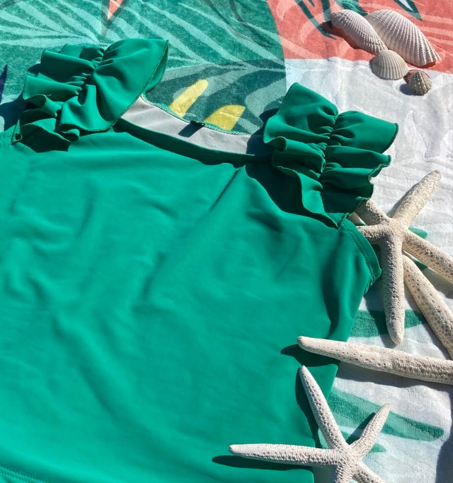 Ruffle Swim Top in Cool Green