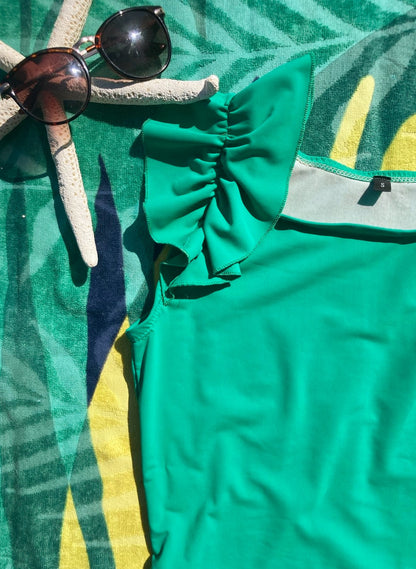 Ruffle Swim Top in Cool Green