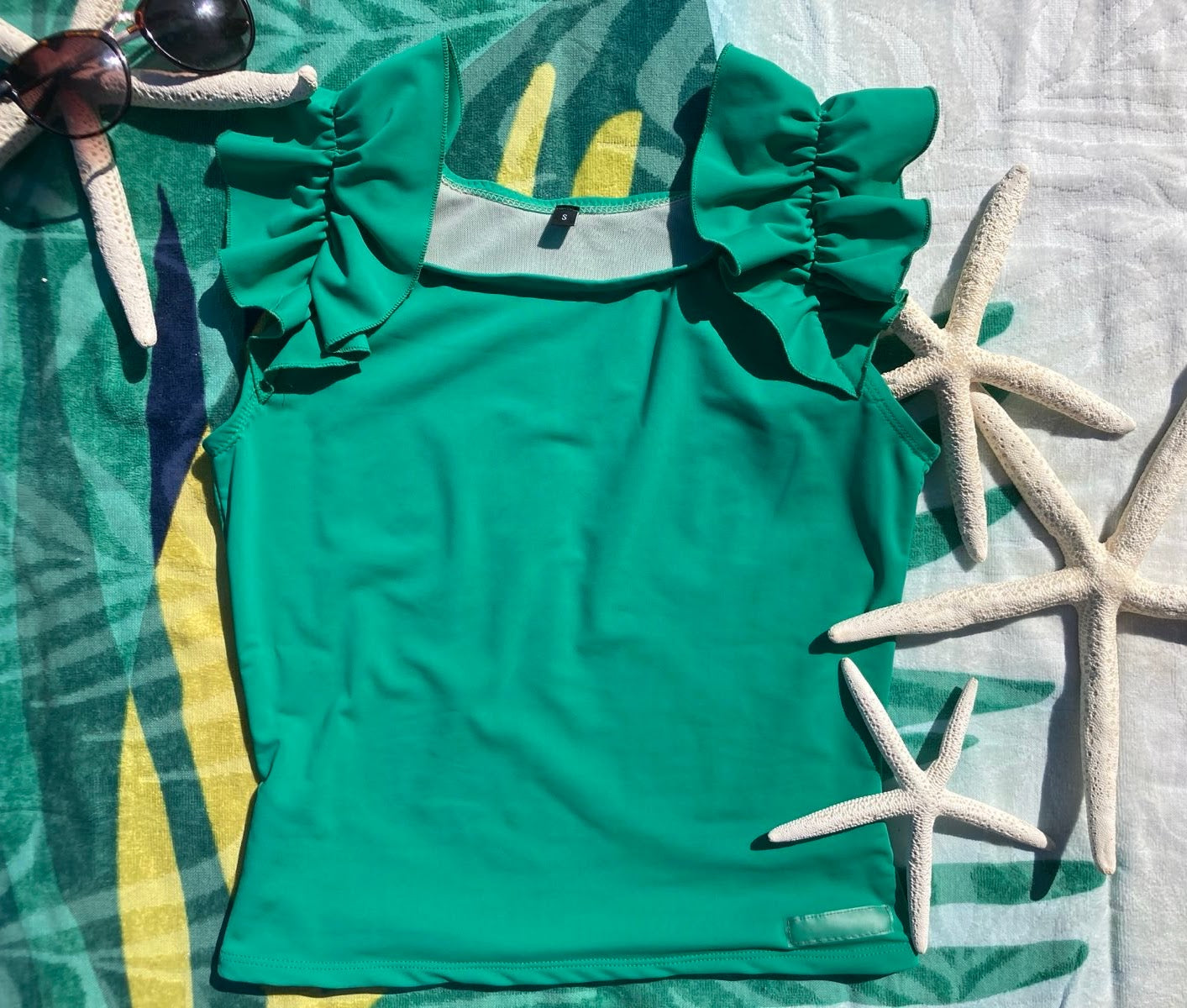 Ruffle Swim Top in Cool Green