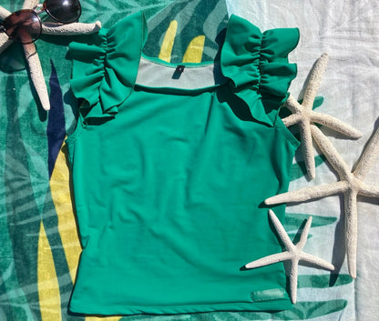 Ruffle Swim Top in Cool Green