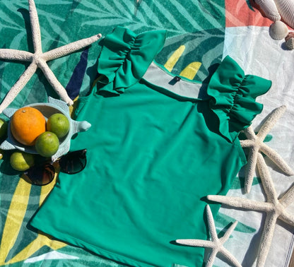 Ruffle Swim Top in Cool Green