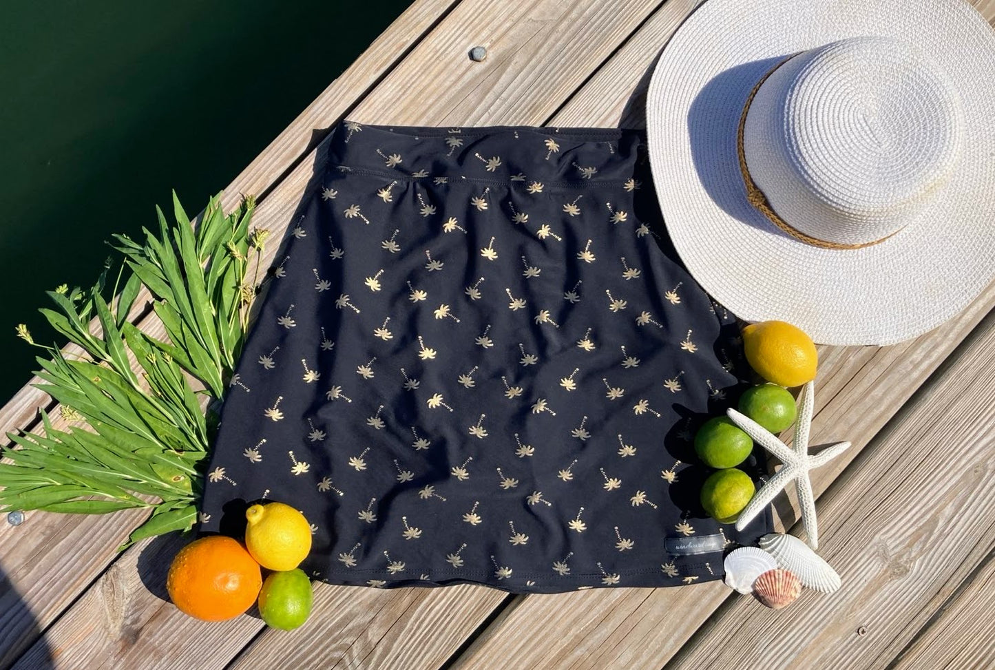 High-waisted Swim Skirt in Black Palm Print