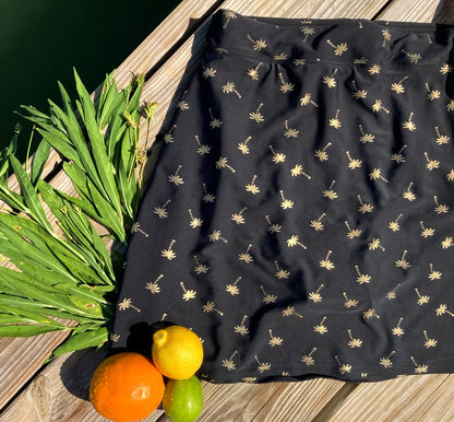 High-waisted Swim Skirt in Black Palm Print