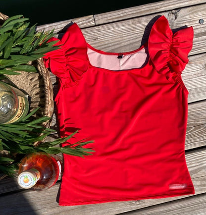 Ruffle Swim Top in Poppy Red