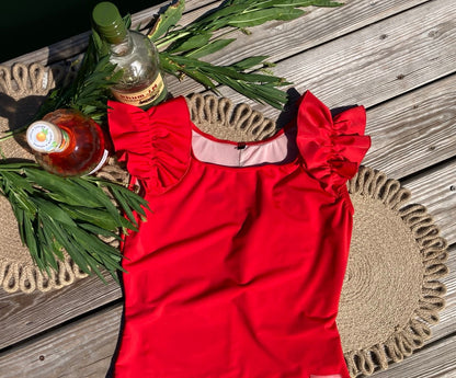 Ruffle Swim Top in Poppy Red