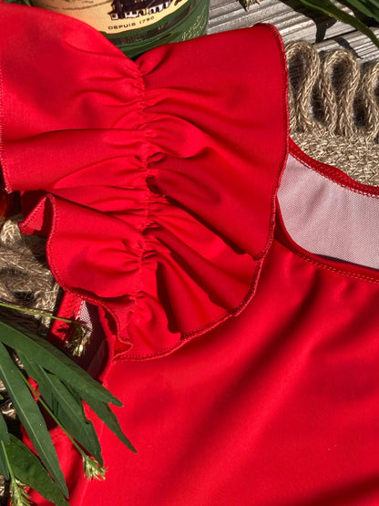 Ruffle Swim Top in Poppy Red