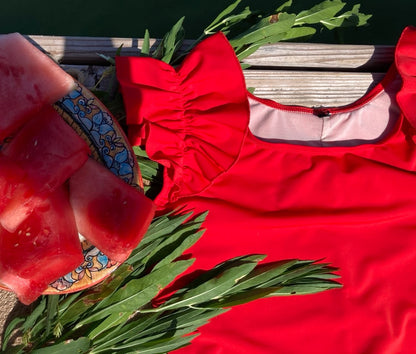 Ruffle Swim Top in Poppy Red